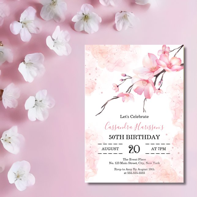 Rosa Stänk Cherry Blommar Blommigt Birthday Inbjudningar (Skapare uppladdad)