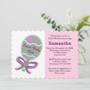Rosa Star Silver Rattle Baby Shower Inbjudningar