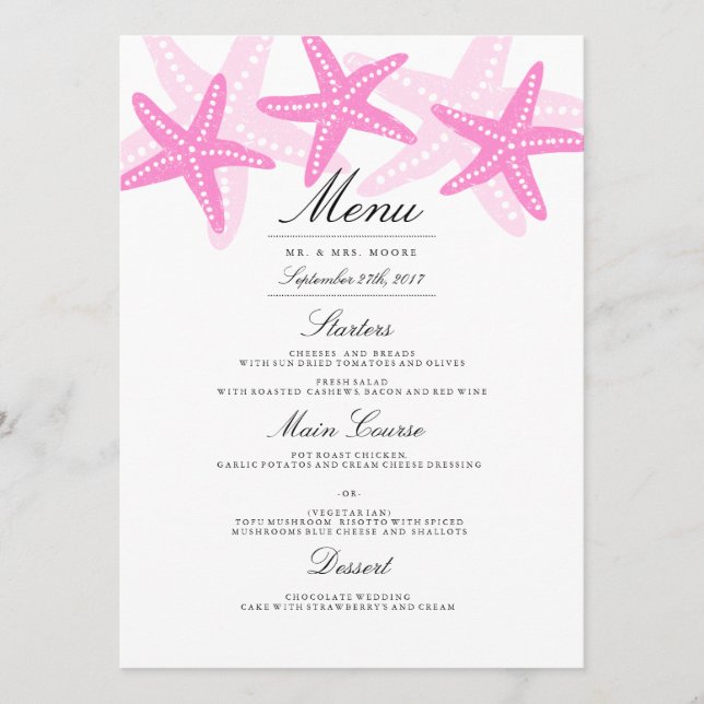 Rosa Starfish Beach Wedding Menu Meny (Framsida)