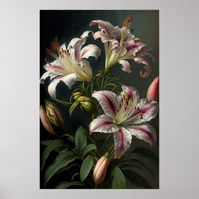 Rosa Stargazer Lilies Flower Art Print Poster (Framsidan)