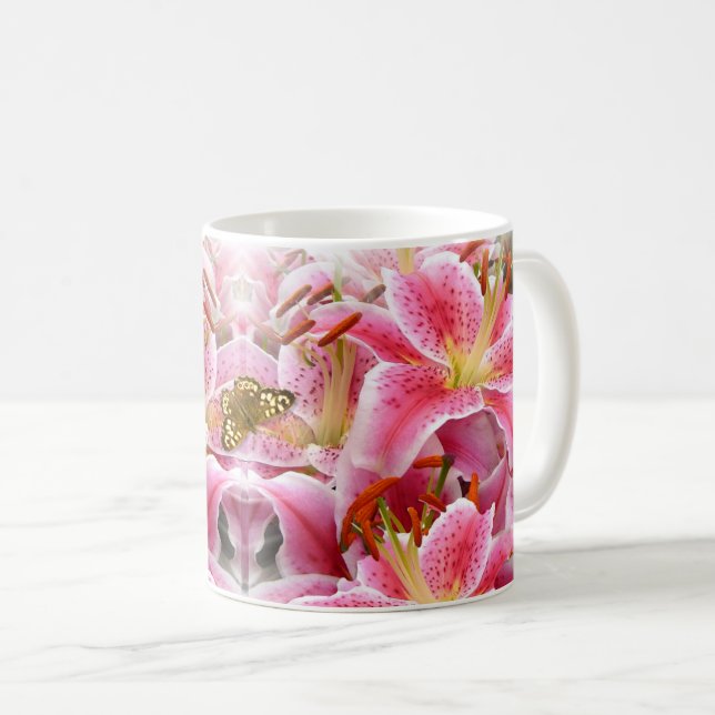 Rosa Stargazer Lilies och Butterfly Kaffemugg (Framsida höger)