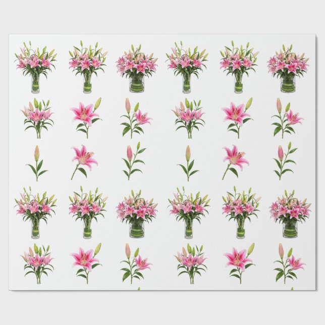 Rosa Stargazer-lilja Vasbukett Botanisk Presentpapper (Platt)