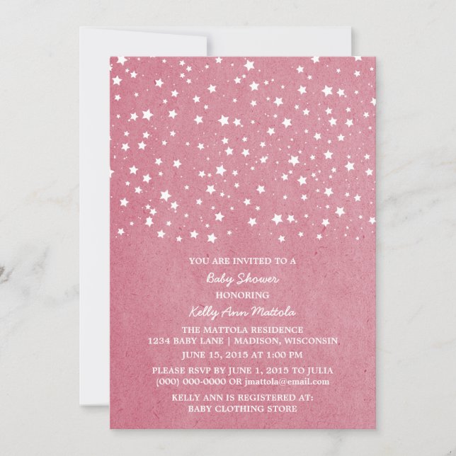 Rosa Starry Night Baby Shower Inbjudan (Framsida)