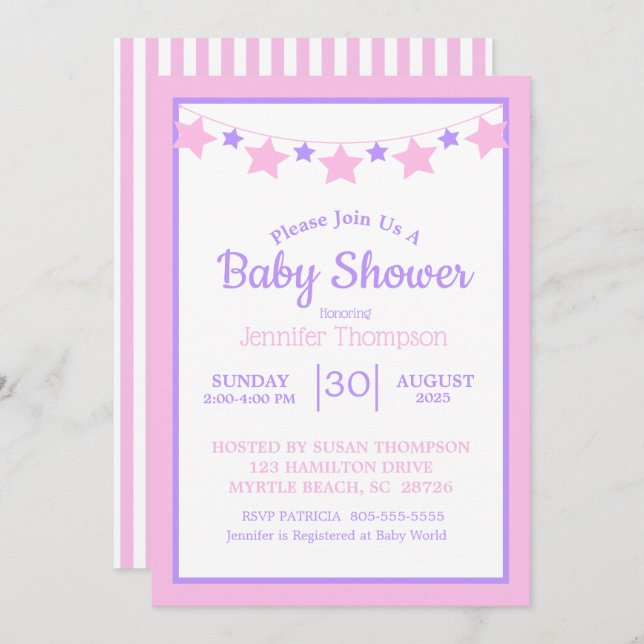Rosa Stars Girls Baby Shower-inbjudan Inbjudningar (Fram/baksida)