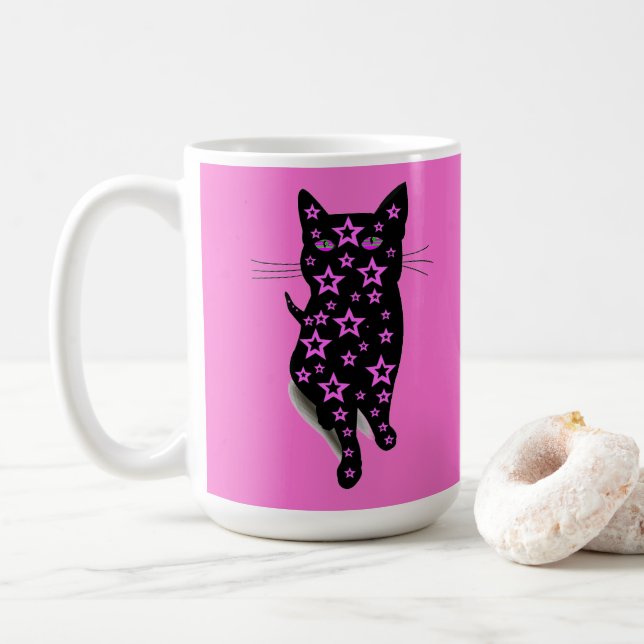 Rosa Stars och Black Cat Dam Typography Kaffemugg (Med munk)