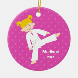 Rosa Stars Taekwondo Blonde Girl Personlig Julgransprydnad Keramik