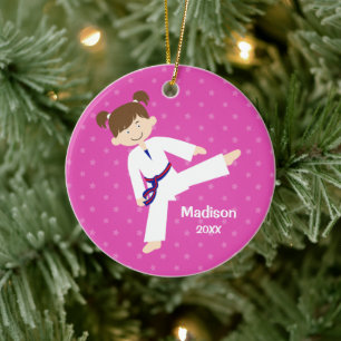 Rosa Stars Taekwondo Karate Girl Blue Personlig Julgransprydnad Keramik