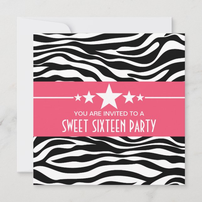 Rosa Stars Zebra tryck Sweet 16 Inbjudan (Framsida)