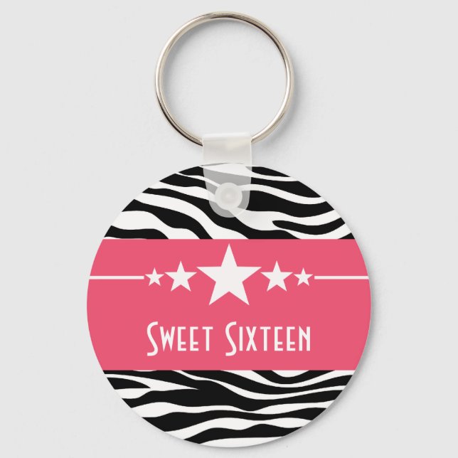 Rosa Stars Zebra tryck Sweet 16 Keychain Nyckelring (Framsida)