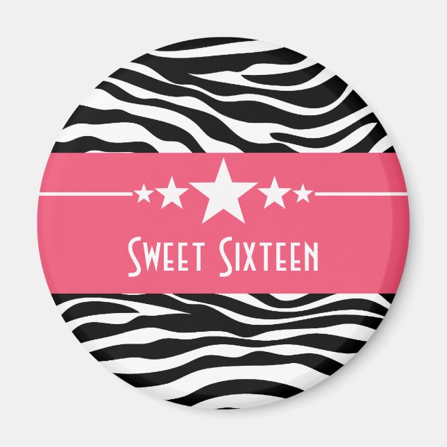 Rosa Stars Zebra tryck Sweet 16 Magnet (Framsidan)