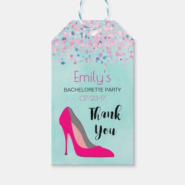 Rosa Stiletto Heel Bachelorette Party Tack Presentetikett (Framsidan)