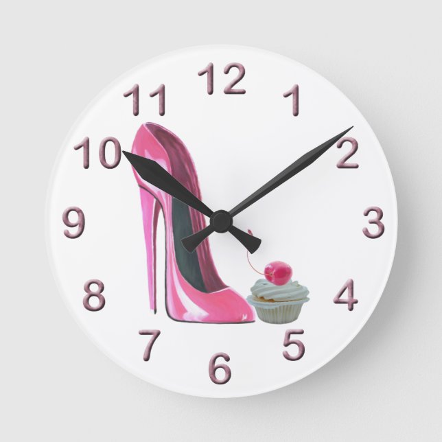 Rosa Stiletto och Cherry Cuptårta Art Wall Clock Rund Klocka (Framsida)