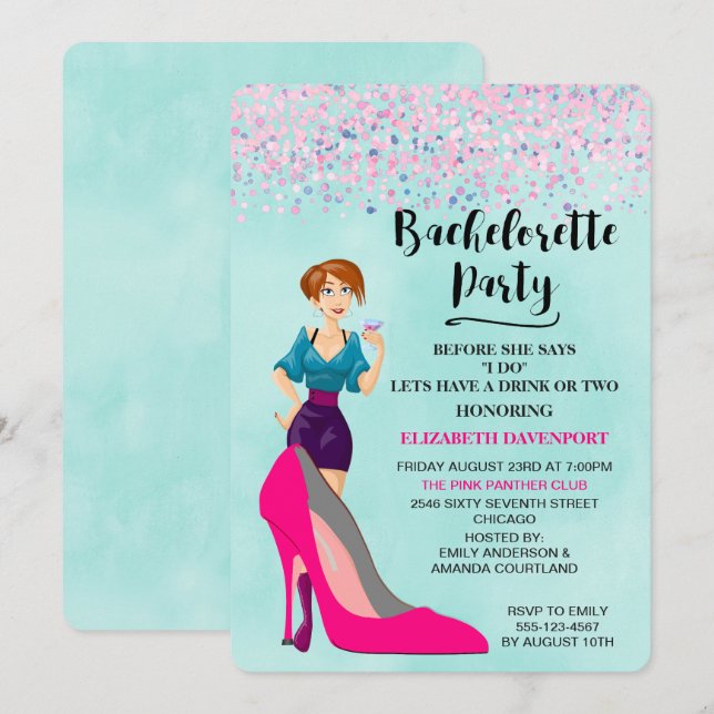 Rosa Stiletto och Party Girl Bachelorette Inbjudan (Fram/baksida)