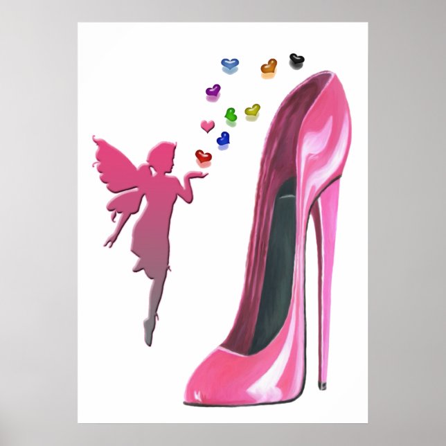 Rosa Stiletto Shoe, Fairy and Hearts Poster (Framsidan)