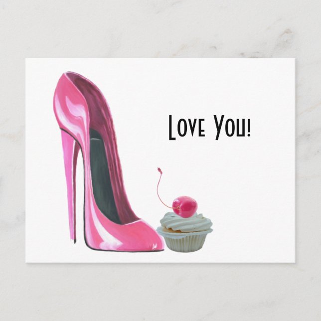 Rosa Stiletto Shoe och Cherry Cupkaka Vykort (Framsida)