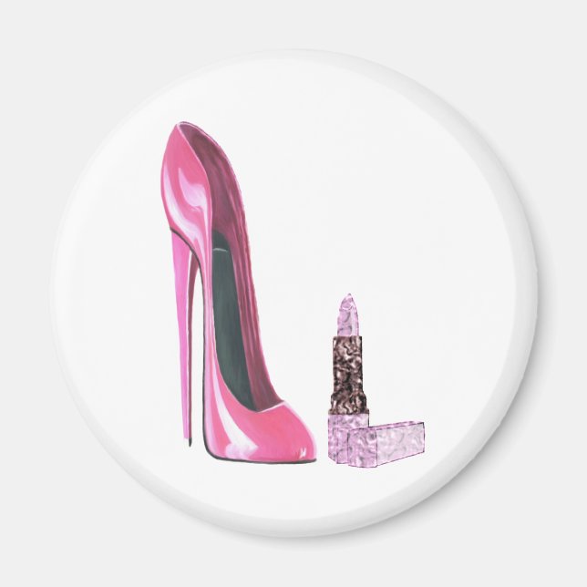 Rosa Stiletto Shoe och Lipstick Art Magnet (Framsidan)