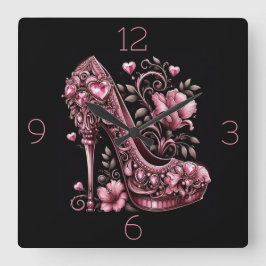 Rosa Stilettos with Hearts and Flowers Fyrkantig Klocka