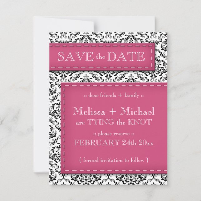 Rosa Stitched Damask Spara datum meddelande Inbjudningar (Framsida)