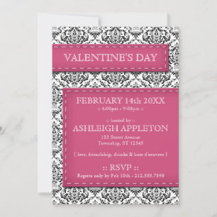Rosa Stitched Damask Valentine Day-inbjudningar Inbjudningar