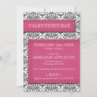 Rosa Stitched Damask Valentine Day-inbjudningar Inbjudningar