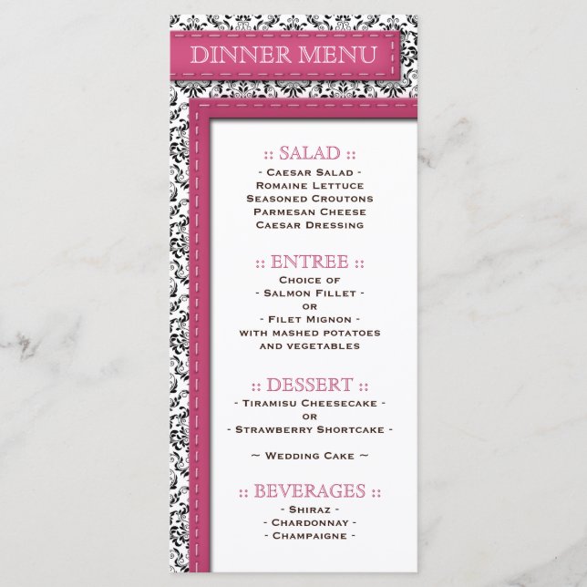 Rosa Stitched Damask Wedding Reception Meny (Framsida)
