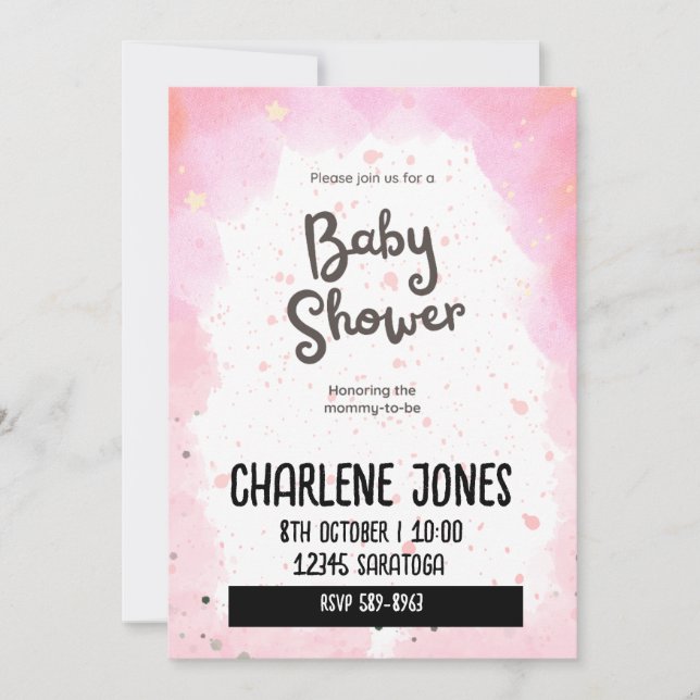 Rosa stjärnor och moln babydusch inbjudningar (Framsida)