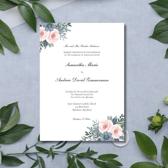 Rosa Stoft Blå Formell Elegant Bröllop  Inbjudningar (Blush Pink Dusty Blue Watercolor Floral Elegant Wedding invitation, Printed or Digital Download)