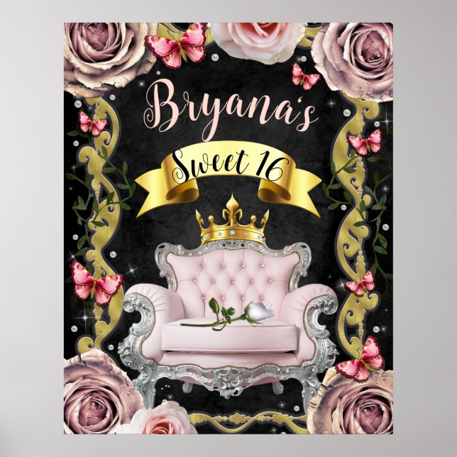 Rosa stol Rosor Fjärilar Välkomstskylt Sweet 16 Poster (Framsidan)