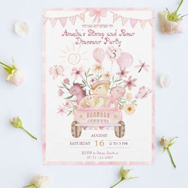 Rosa Stomp och Roar Dinosaur Birthday Inbjudningar