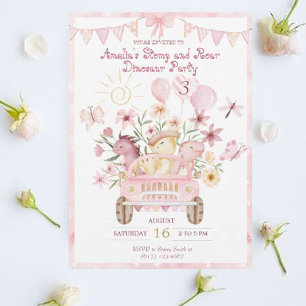 Rosa Stomp och Roar Dinosaur Birthday Inbjudningar