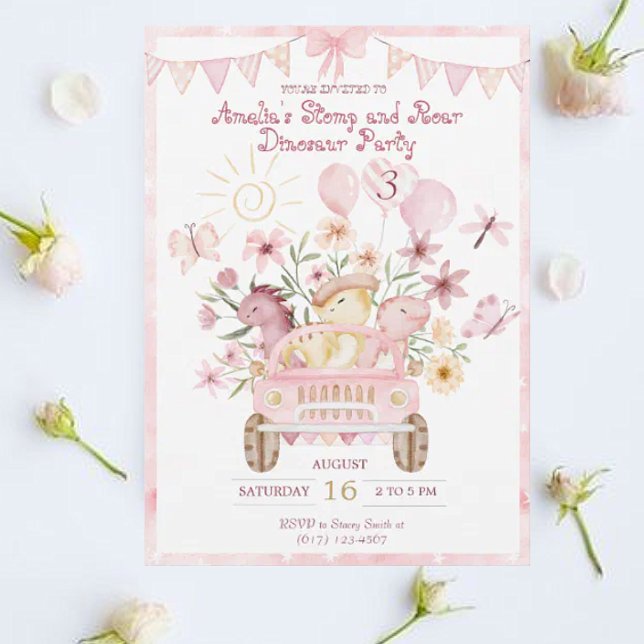 Rosa Stomp och Roar Dinosaur Birthday Inbjudningar (Skapare uppladdad)
