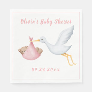 Rosa Stork Baby Bear Girl Baby Shower Pappersservett