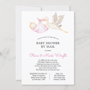 Rosa Stork Baby Shower by Mail Inbjudningar