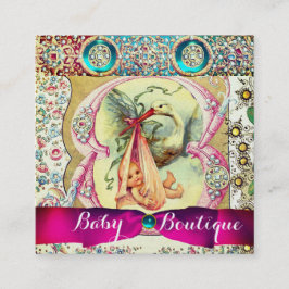 ROSA STORK BABY SHOWER,GEMSTONES, BLOMMIGT SWIRLS FYRKANTIGT VISITKORT