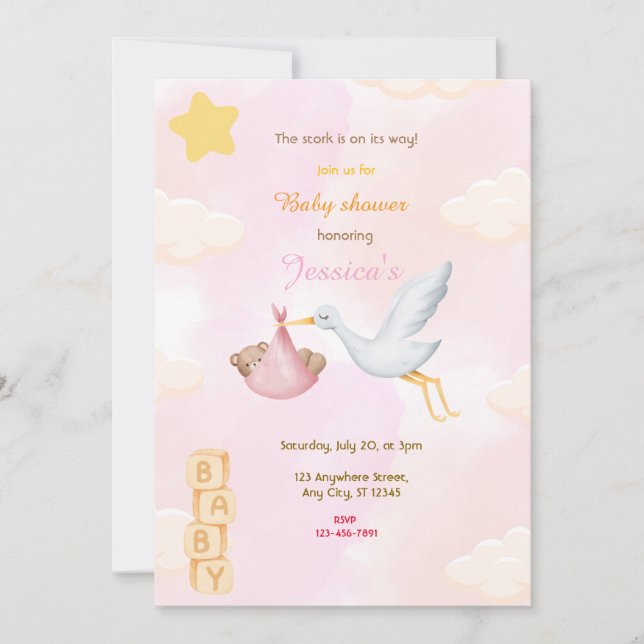 Rosa Stork Baby Shower Inbjudningar (Framsida)