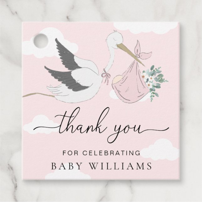 Rosa Stork Baby Shower Tack Gåvor Etiketter (Framsida)