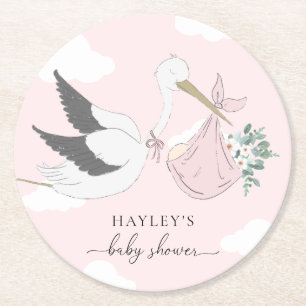 Rosa Stork Baby Shower Underlägg Papper Rund