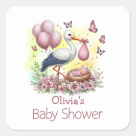 Rosa stork Babyflicka Baby shower Fyrkantigt Klistermärke