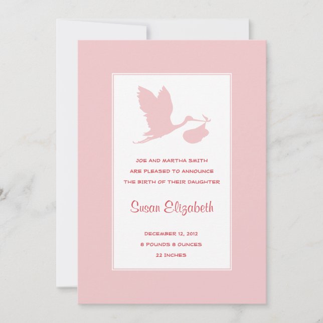 Rosa Stork Birth Notice cement Meddelande (Framsida)