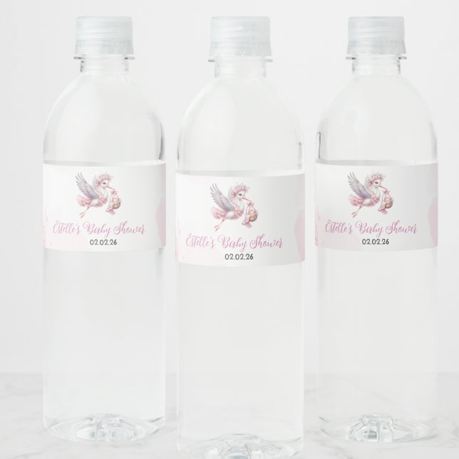 Rosa Stork Cloud Baby Shower Vattenflaska Vattenflaska Etikett (Skapare uppladdad)
