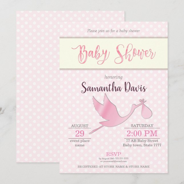 Rosa Stork Flicka Baby Shower Inbjudningar (Fram/baksida)