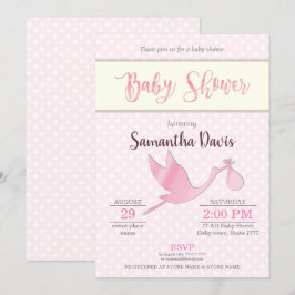 Rosa Stork Flicka Baby Shower Inbjudningar