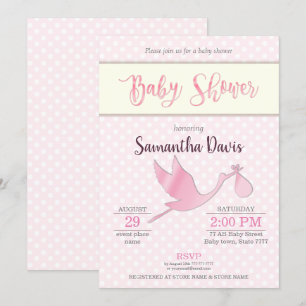 Rosa Stork Flicka Baby Shower Inbjudningar