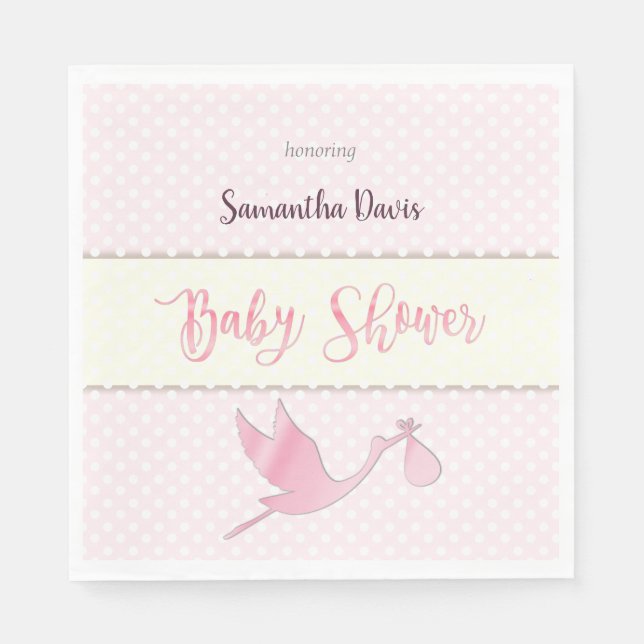 Rosa Stork Flicka Baby Shower Pappersservett (Framsidan)