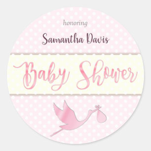 Rosa Stork Flicka Baby Shower Runt Klistermärke