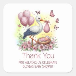 Rosa Stork Flicka Baby Shower Tack Fyrkantigt Klistermärke