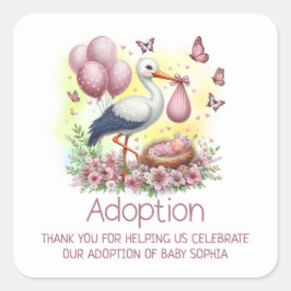 Rosa Stork Girl Adoption Baby Shower Tack Fyrkantigt Klistermärke