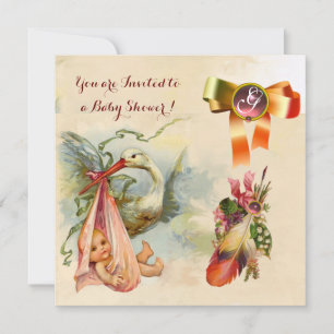 ROSA STORK GIRL BABY SHOWER,GEMSTONE MONOGRAM INBJUDNINGAR