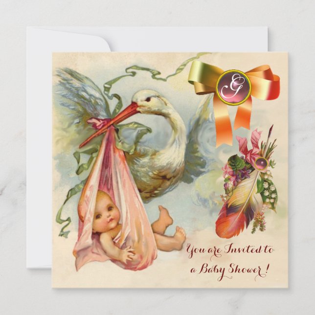 ROSA STORK GIRL BABY SHOWER,GEMSTONE MONOGRAM INBJUDNINGAR (Framsida)