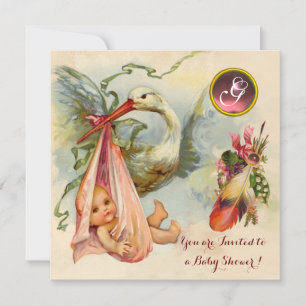 ROSA STORK GIRL BABY SHOWER,GEMSTONE MONOGRAM INBJUDNINGAR